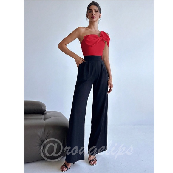 Red Large Bow One Shoulder Bodysuit Slim Fit Asymmetrical - Picture 6 of 8